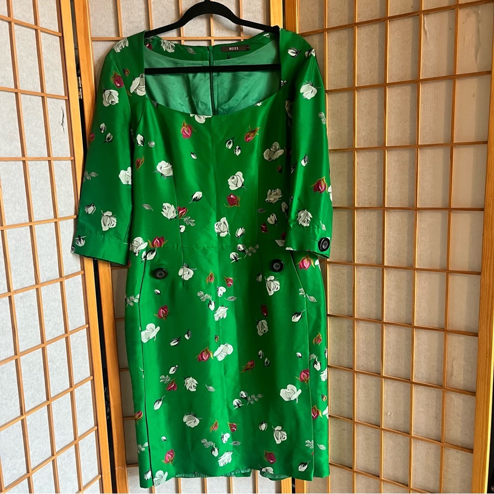 Reiss Green silk Sheath Dress with Cuffed 3/4 Sleeves